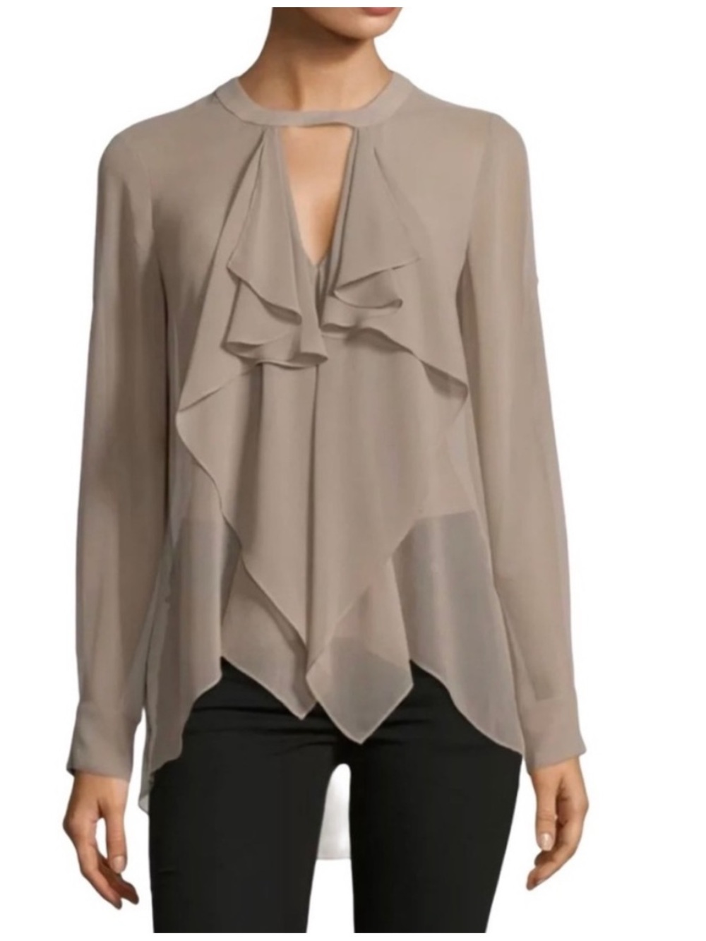 BCBG Enya Long Sleeve Ruffle Drape Front Cut Out Keyhole Top Tan Cream Elegant S